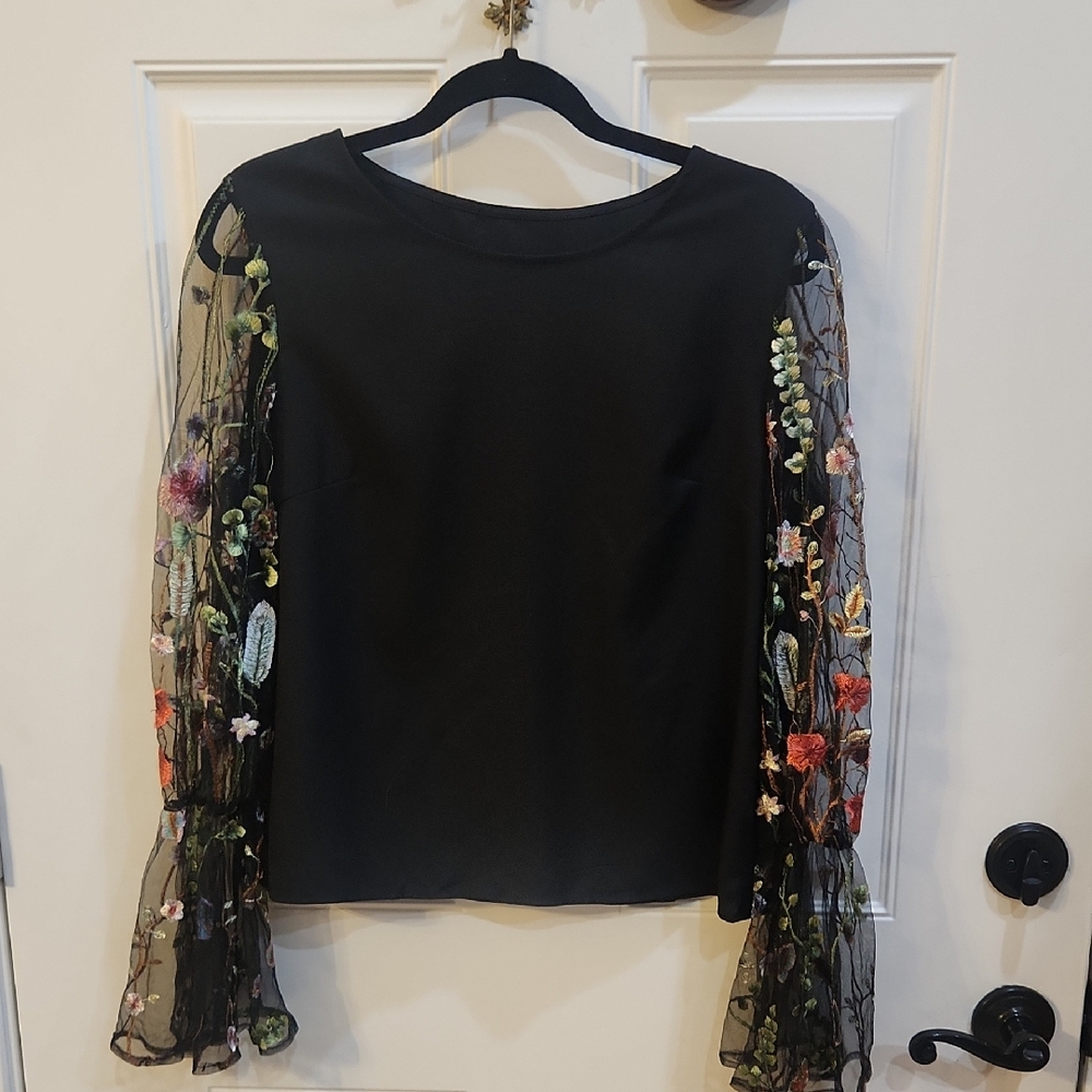 Floral Embroidered Black Top